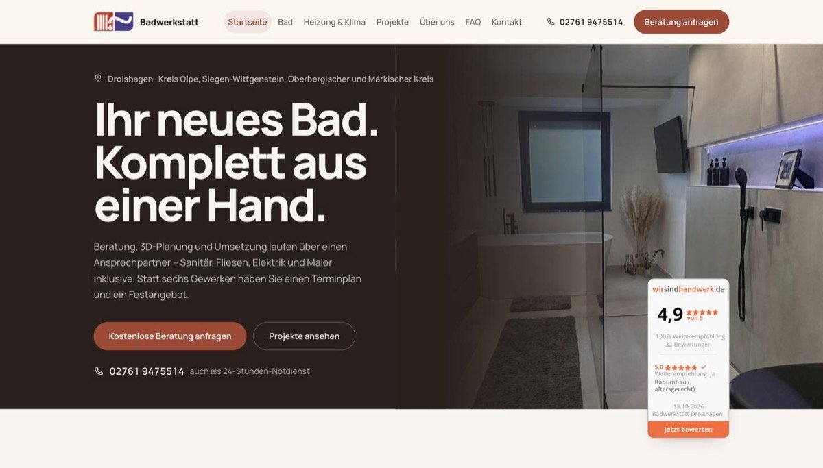 Startseite der Website für die Badwerkstatt Drolshagen